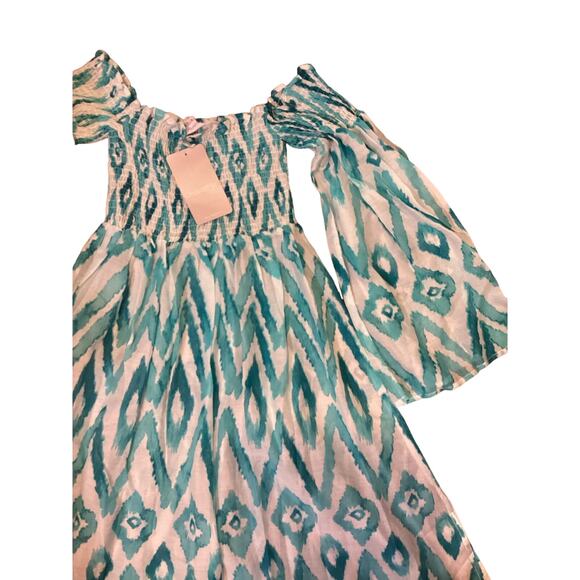 OndadeMar NWT Aqua White Print Off Shoulder Empire Sheer Dress Beach Cover Up L - Picture 1 of 6